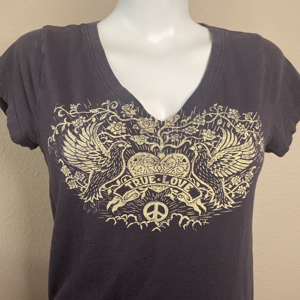 Lucky Brand Charcoal Short Sleeve V-Neck Tee with Gold Graphic